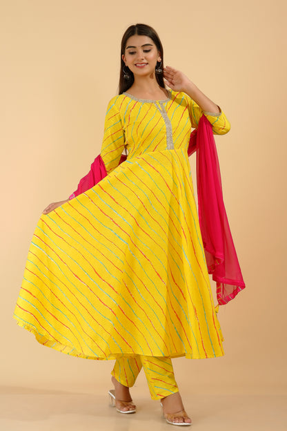 Women's Yellow Leheriya Anarkali Suit (Set Of 3)