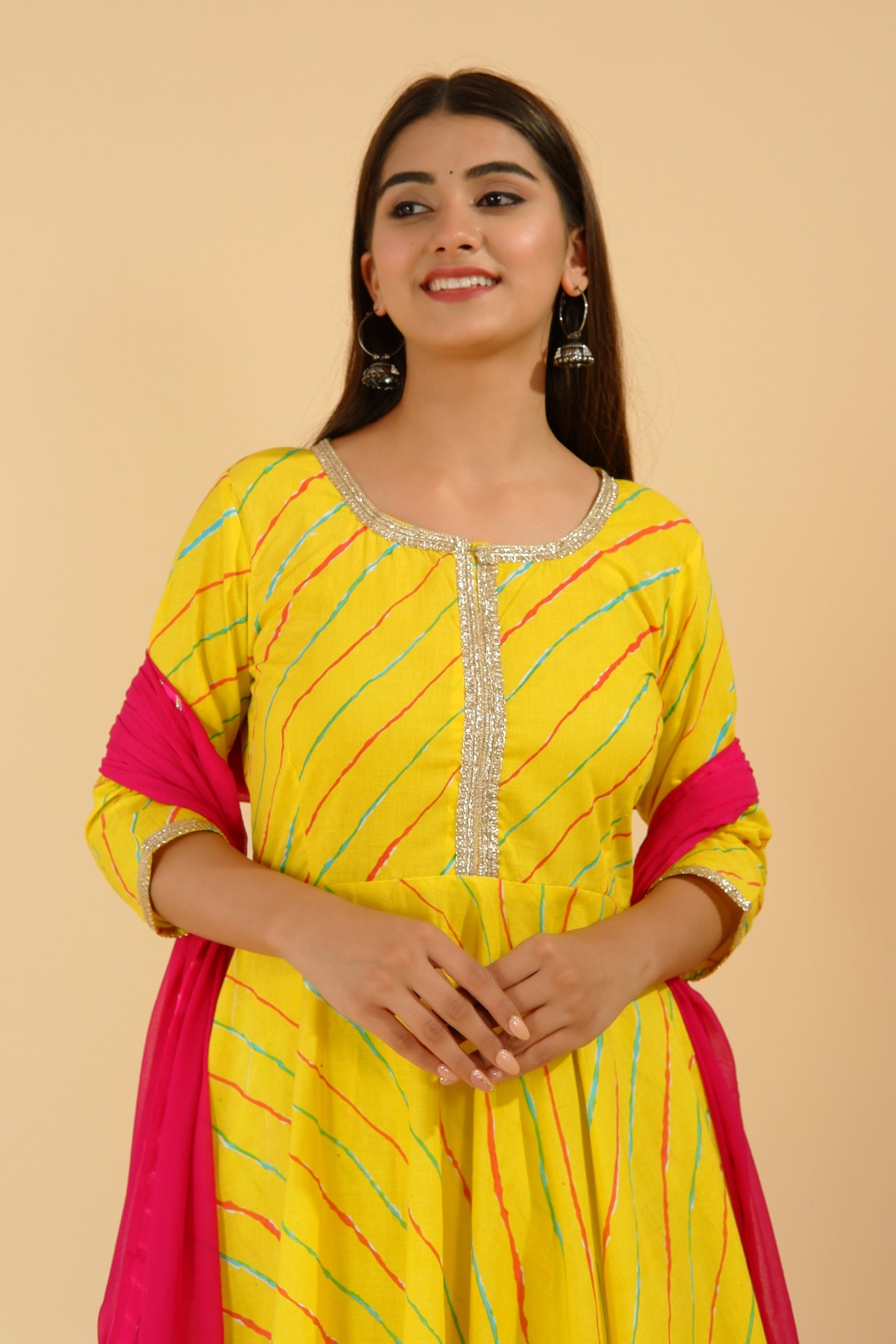 Women's Yellow Leheriya Anarkali Suit (Set Of 3)