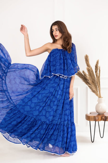 Women's Offshoulder Bandhani Print Blue Dress  (1 Pc Set)