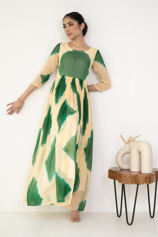 Women's Green & Cream Tie-Die Gown  (1 Pc Set)