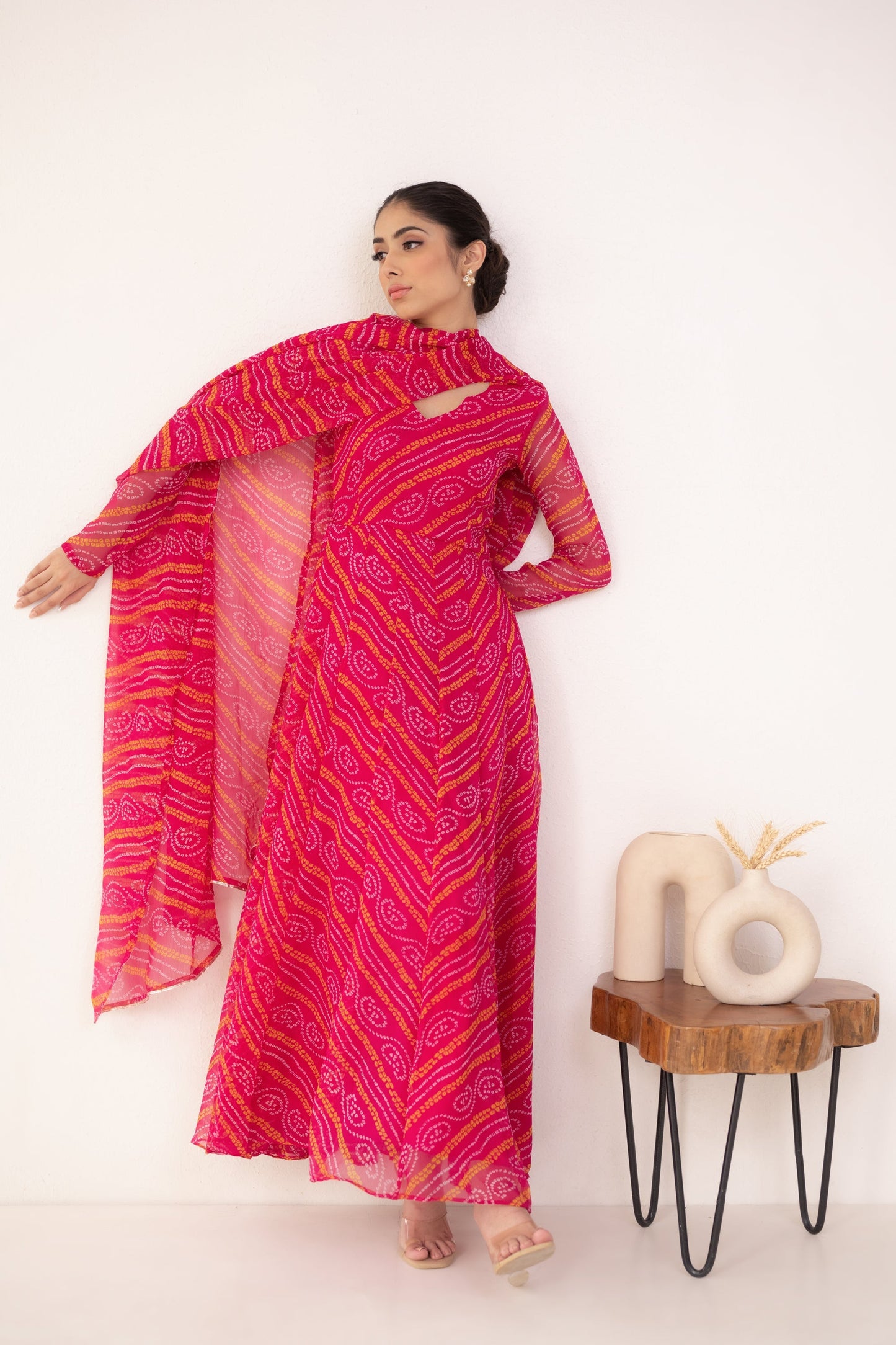 Women's Pink Bandhej Gown With Dupatta