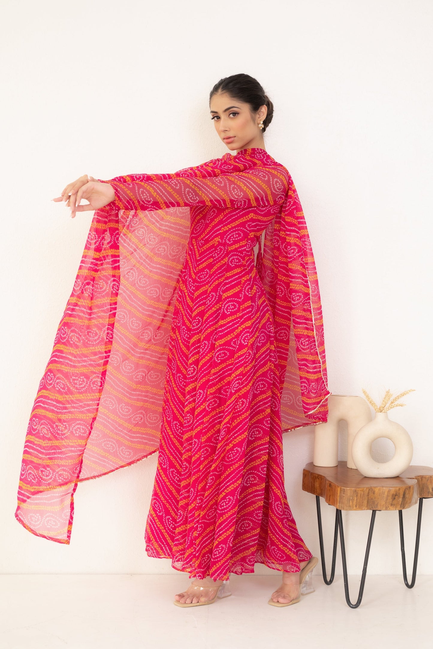 Women's Pink Bandhej Gown With Dupatta