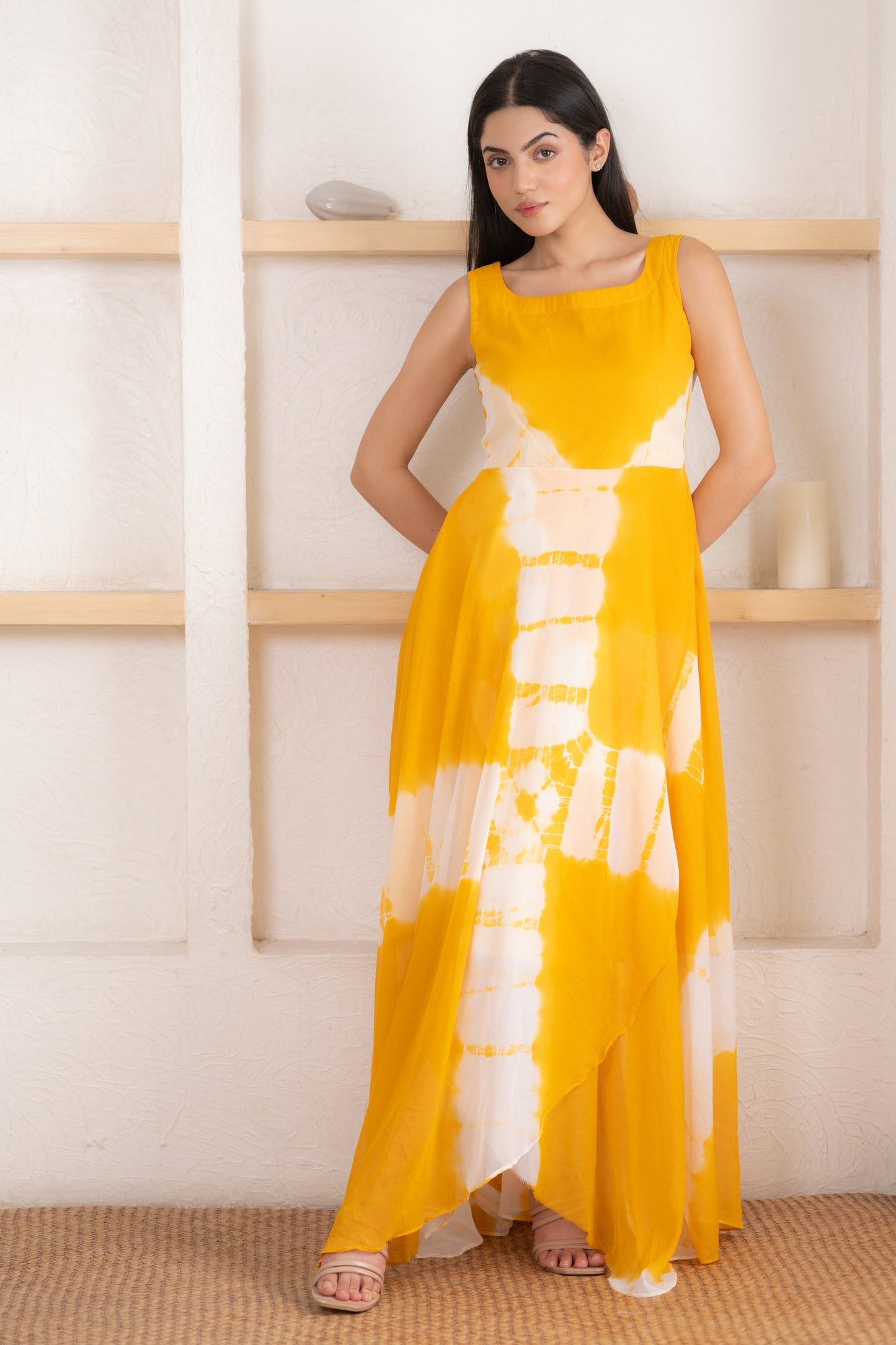 Women's Yellow Shibori Dyed Yellow Gown  (1 Pc Set)