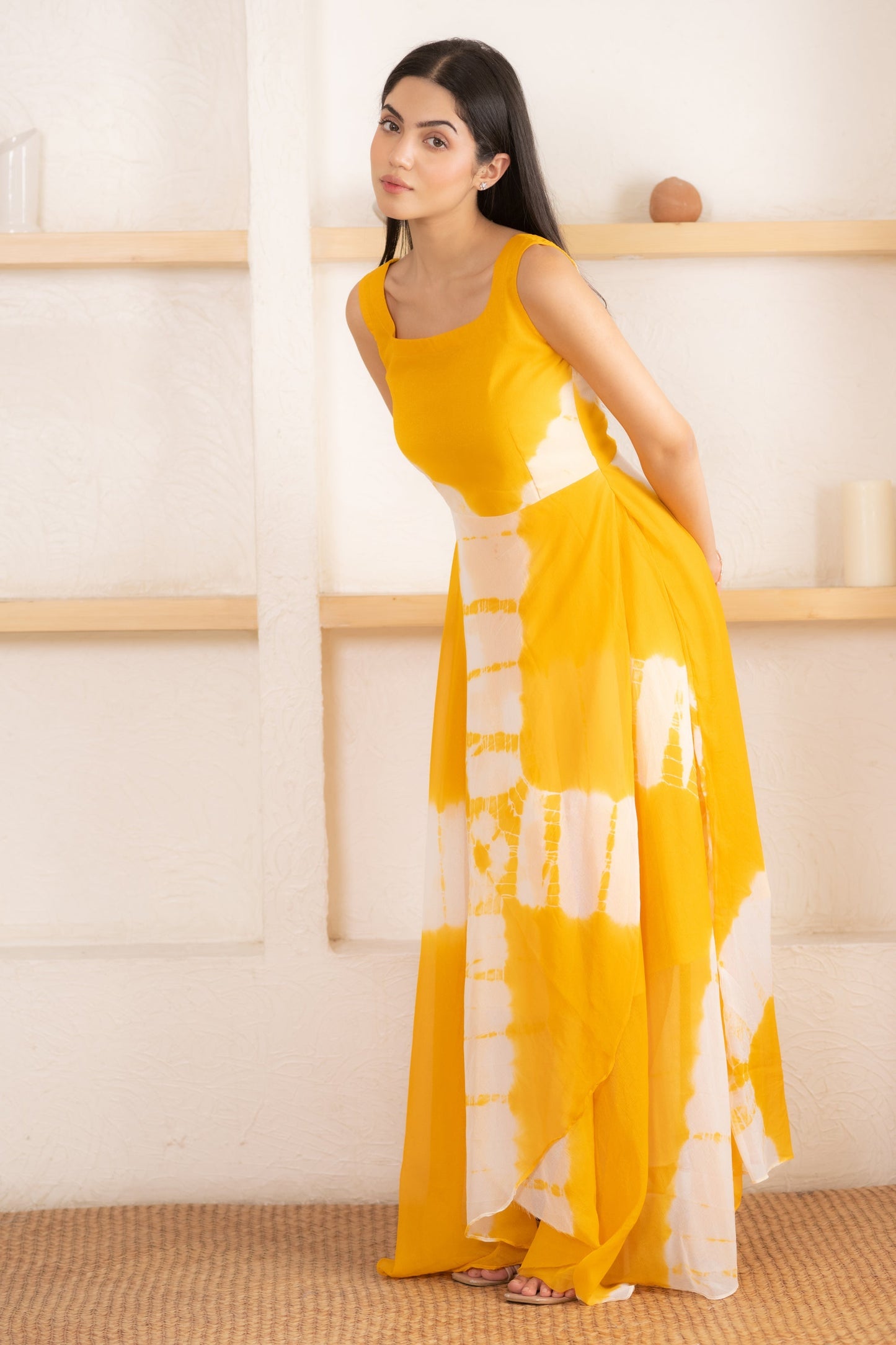 Women's Yellow Shibori Dyed Yellow Gown  (1 Pc Set)