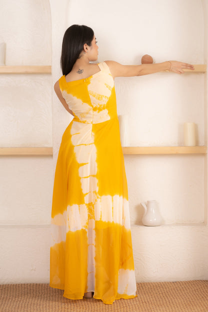 Women's Yellow Shibori Dyed Yellow Gown  (1 Pc Set)