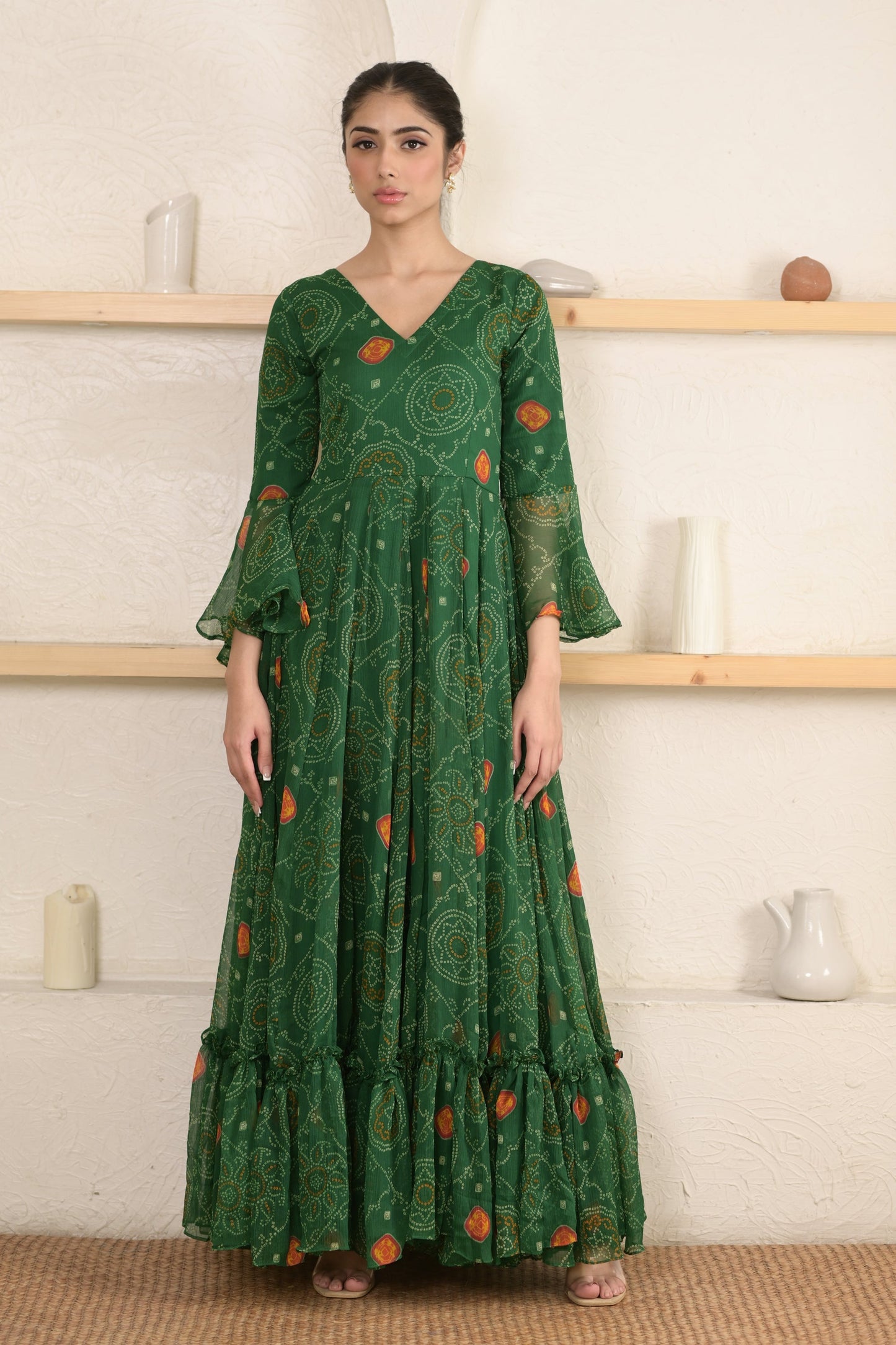 Women's Green Bandhani Print Gown  (1 Pc Set)