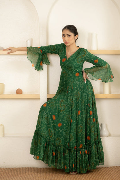 Women's Green Bandhani Print Gown  (1 Pc Set)