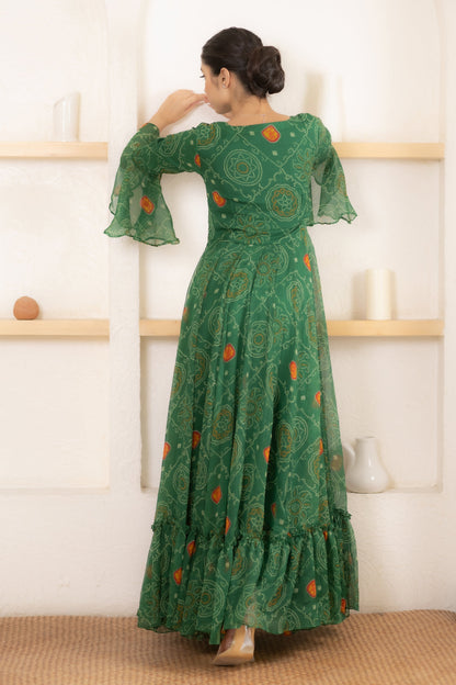 Women's Green Bandhani Print Gown  (1 Pc Set)