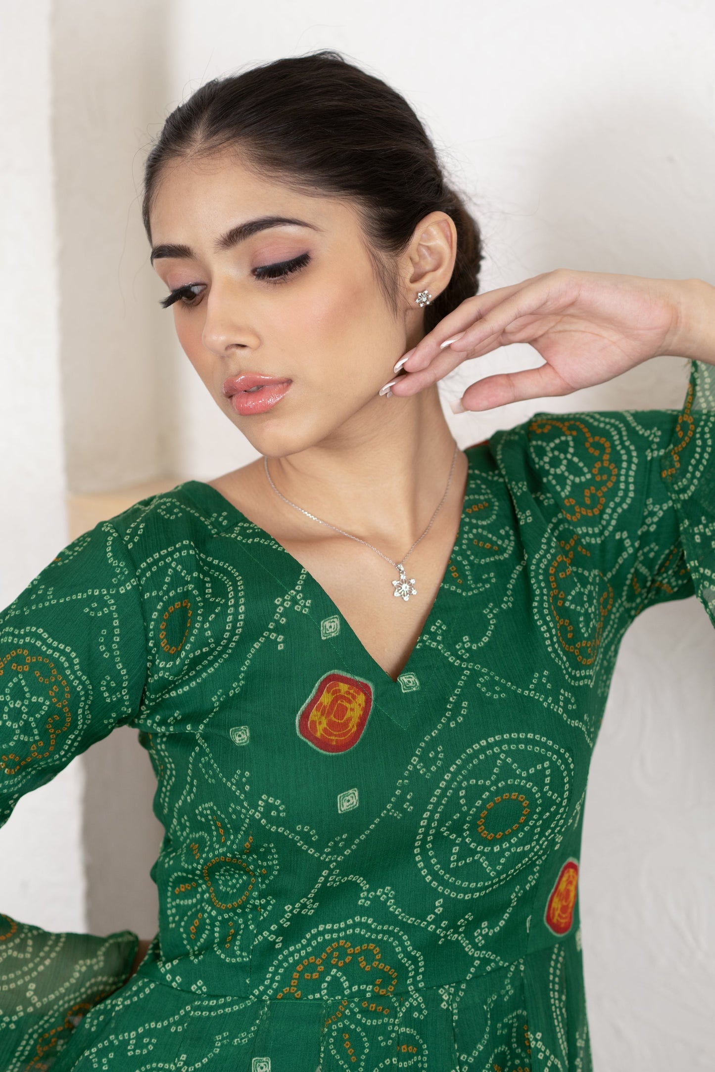 Women's Green Bandhani Print Gown  (1 Pc Set)