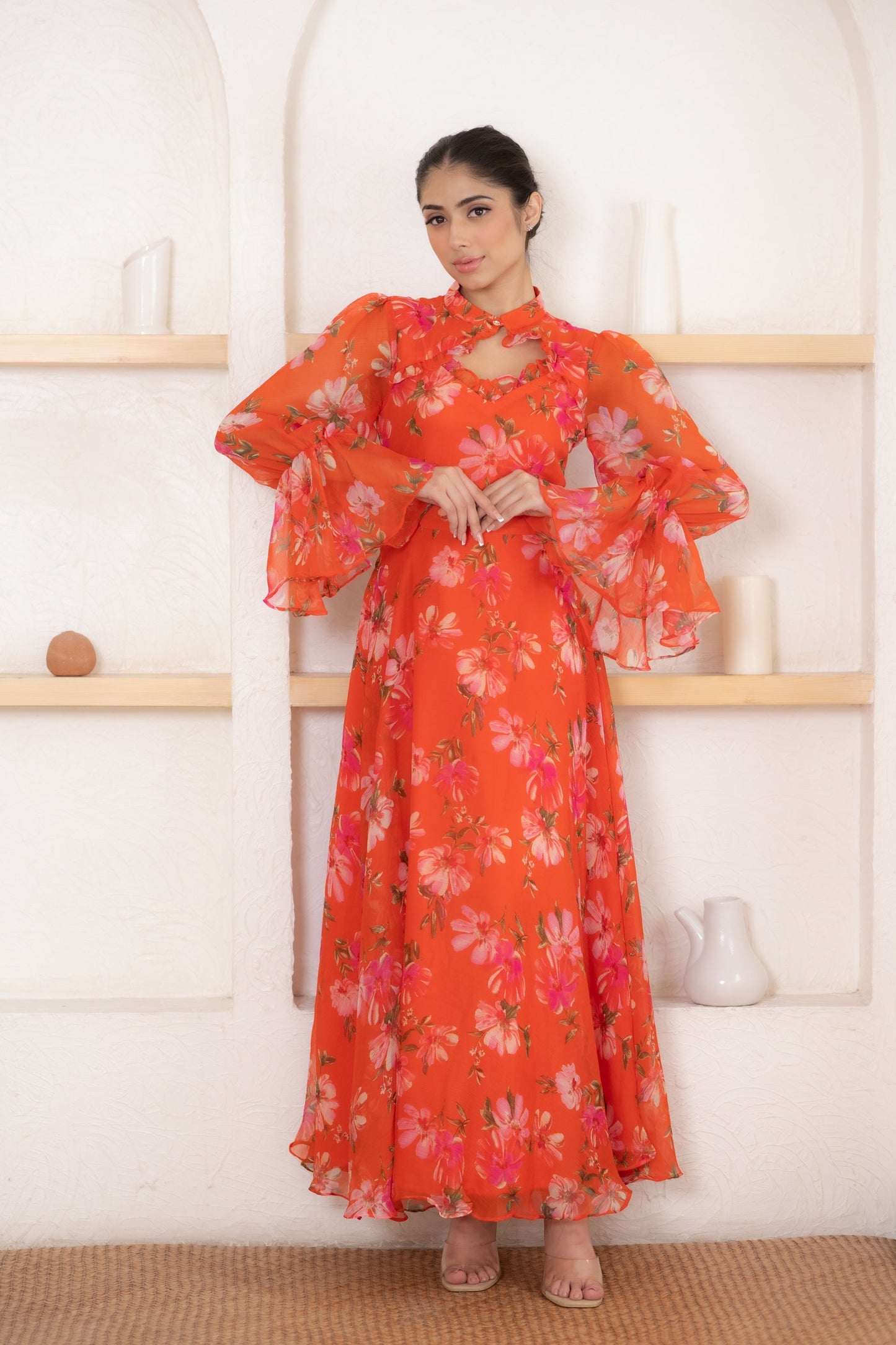 Women's Orange Flower Print Gown