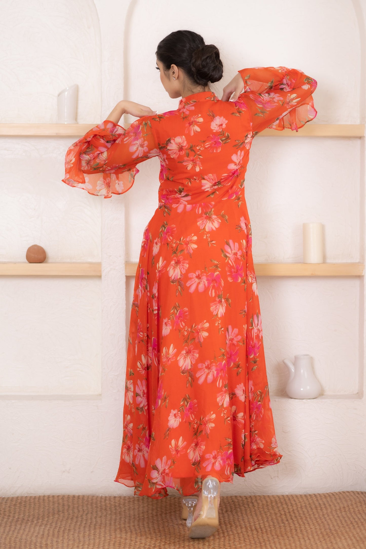 Women's Orange Flower Print Gown