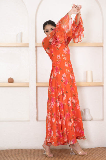 Women's Orange Flower Print Gown