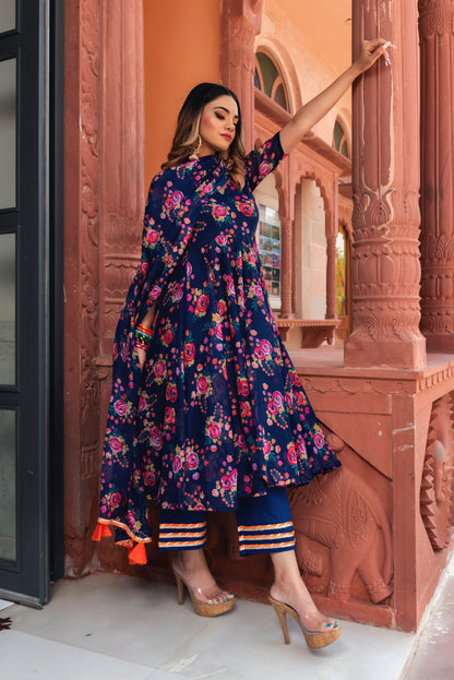 Women Dark Blue Chiffon Anarkali Kurta with Pant & Dupatta by Pomcha Jaipur (3pcs Set)