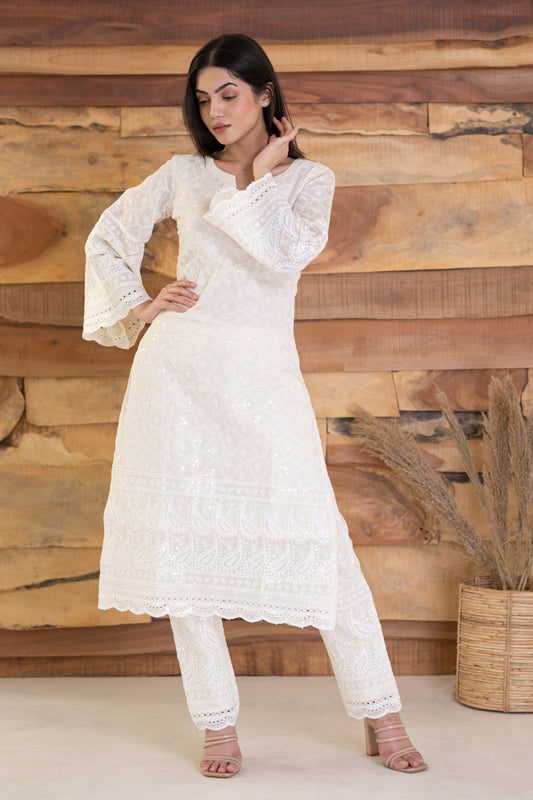 Women's White Chikankari Kurta With Palazzo Set  (2 Pc Set)