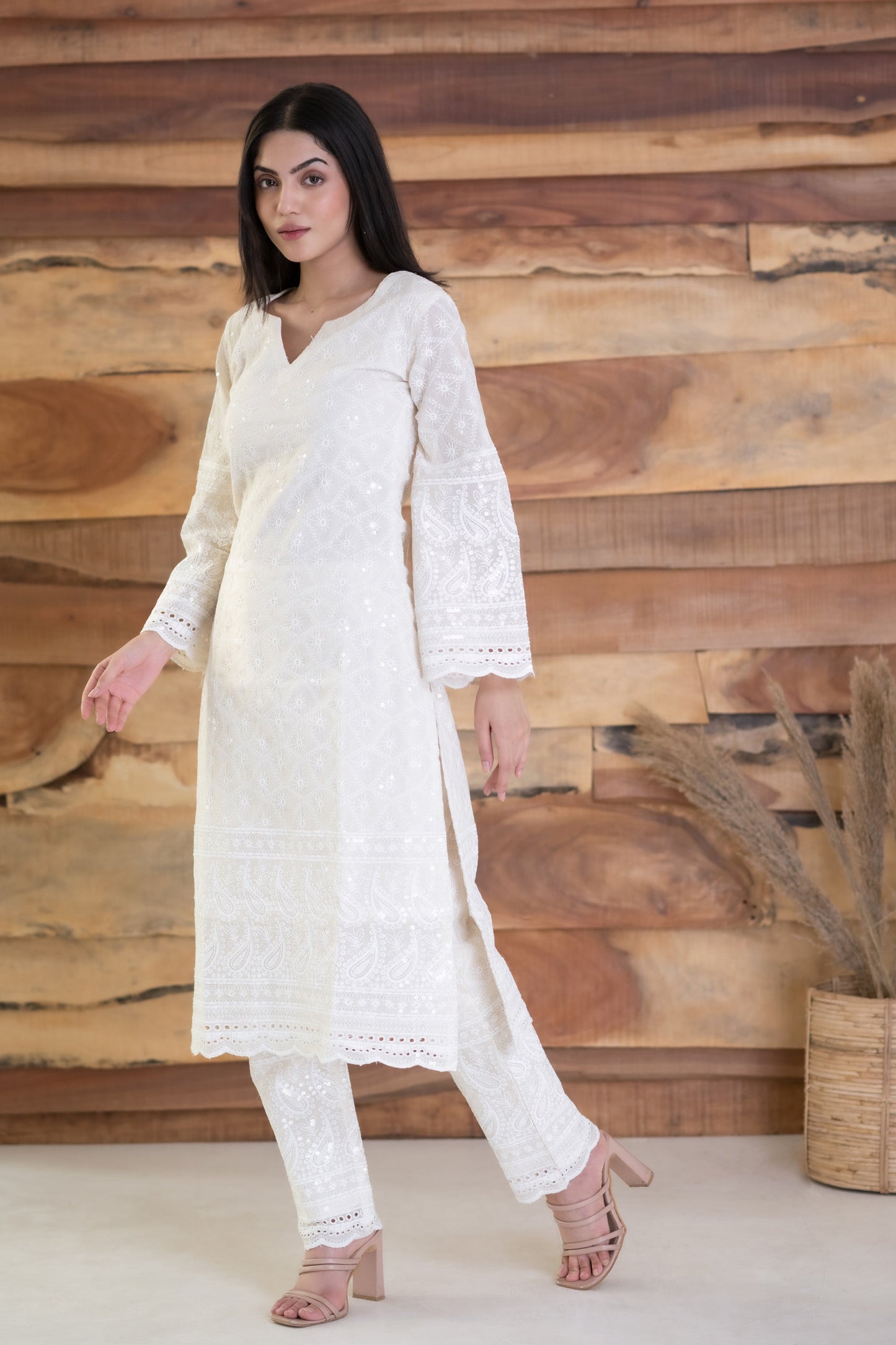 Women's White Chikankari Kurta With Palazzo Set  (2 Pc Set)