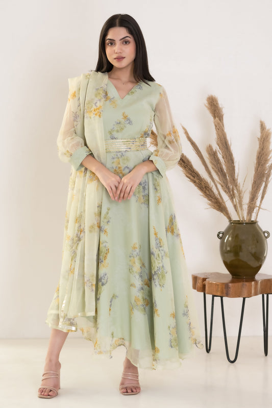 Women's Olive Flower Print Gown