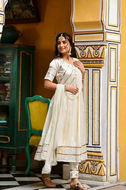 Women's Anarkali White Suit- 3Pc Set