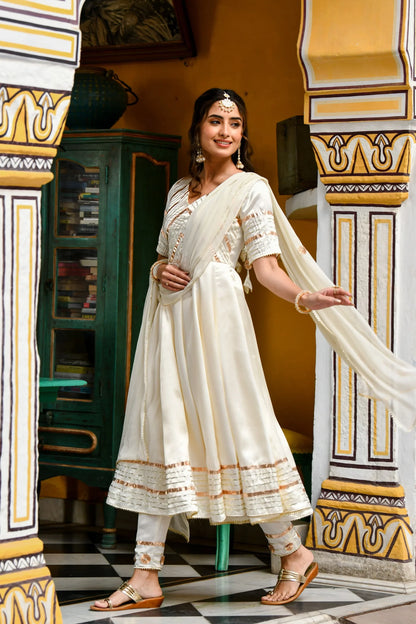 Women's Anarkali White Suit- 3Pc Set