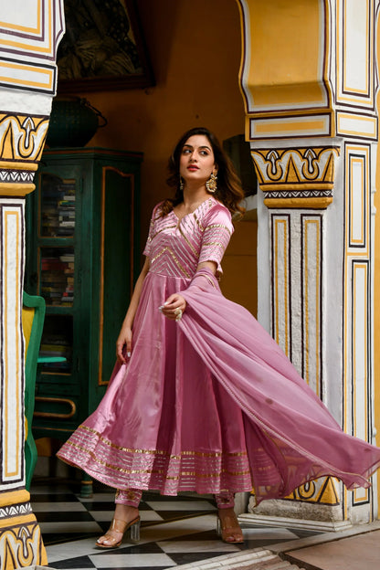 Women's Mauve Satin Anarkali Kurta With Dupatta- 3Pc Set