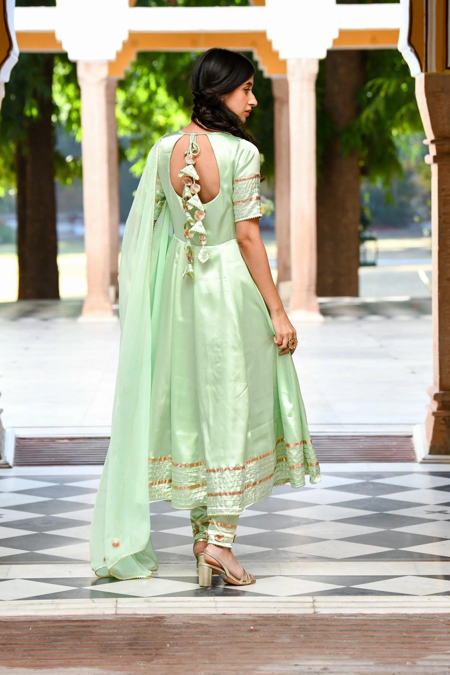 Women's Pista Green Anarkali Suit Set- 3Pc Set