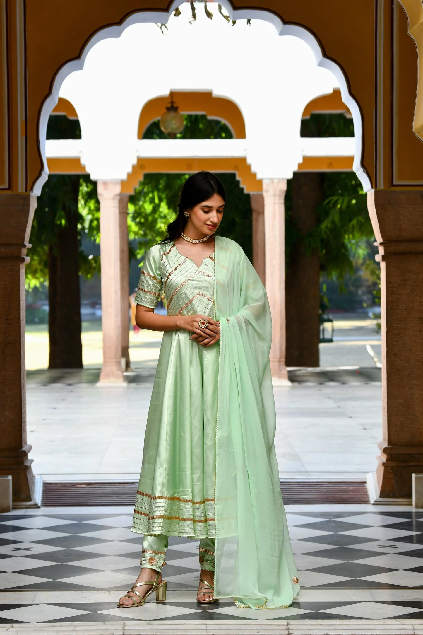 Women's Pista Green Anarkali Suit Set- 3Pc Set