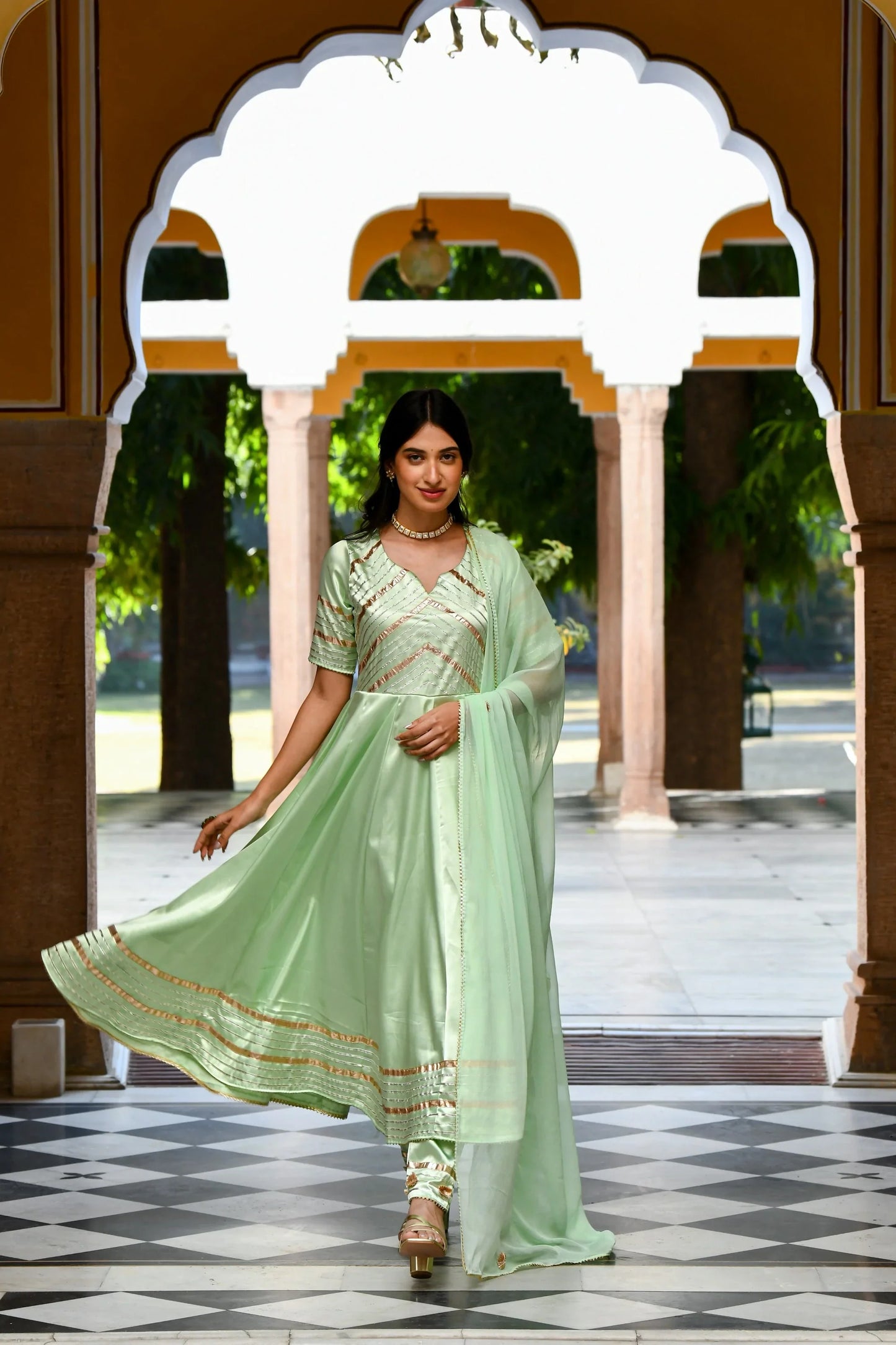 Women's Pista Green Anarkali Suit Set- 3Pc Set