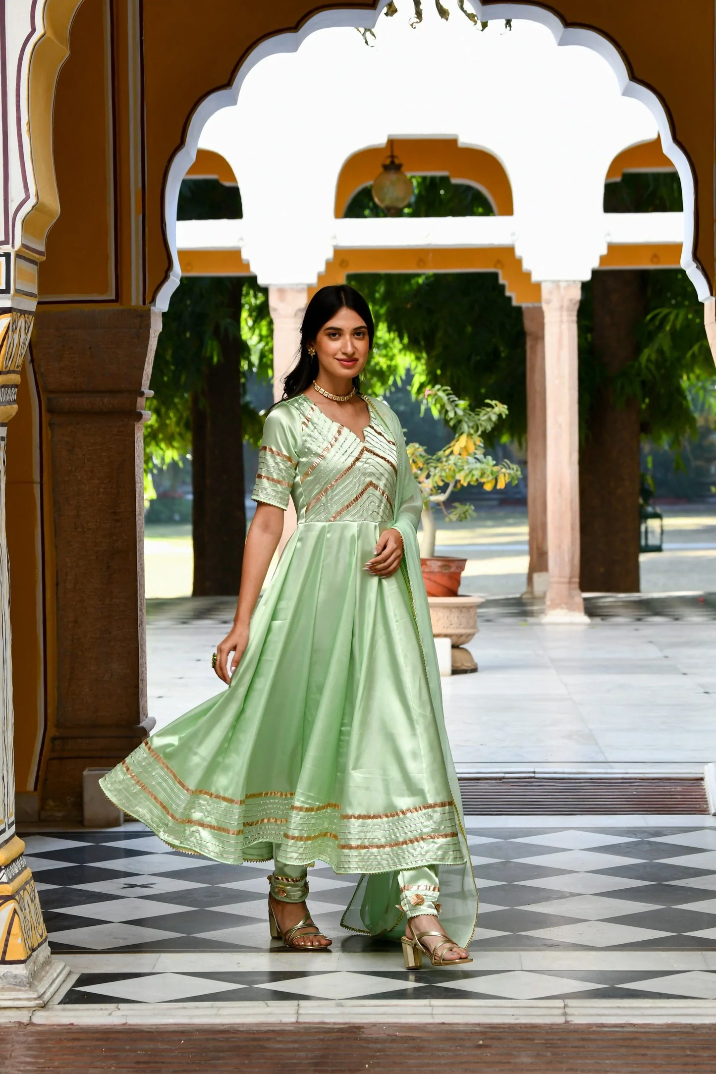 Women's Pista Green Anarkali Suit Set- 3Pc Set