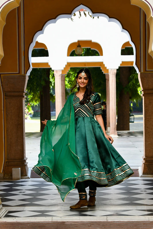 Women's Bottle Green Satin Anarkali Suit- (3Pc Set)