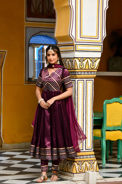 Women's Dark Purple Satin Anarkali Suit- (3Pc Set)