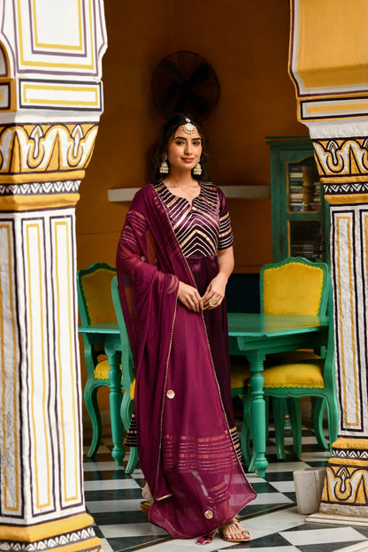 Women's Dark Purple Satin Anarkali Suit- (3Pc Set)