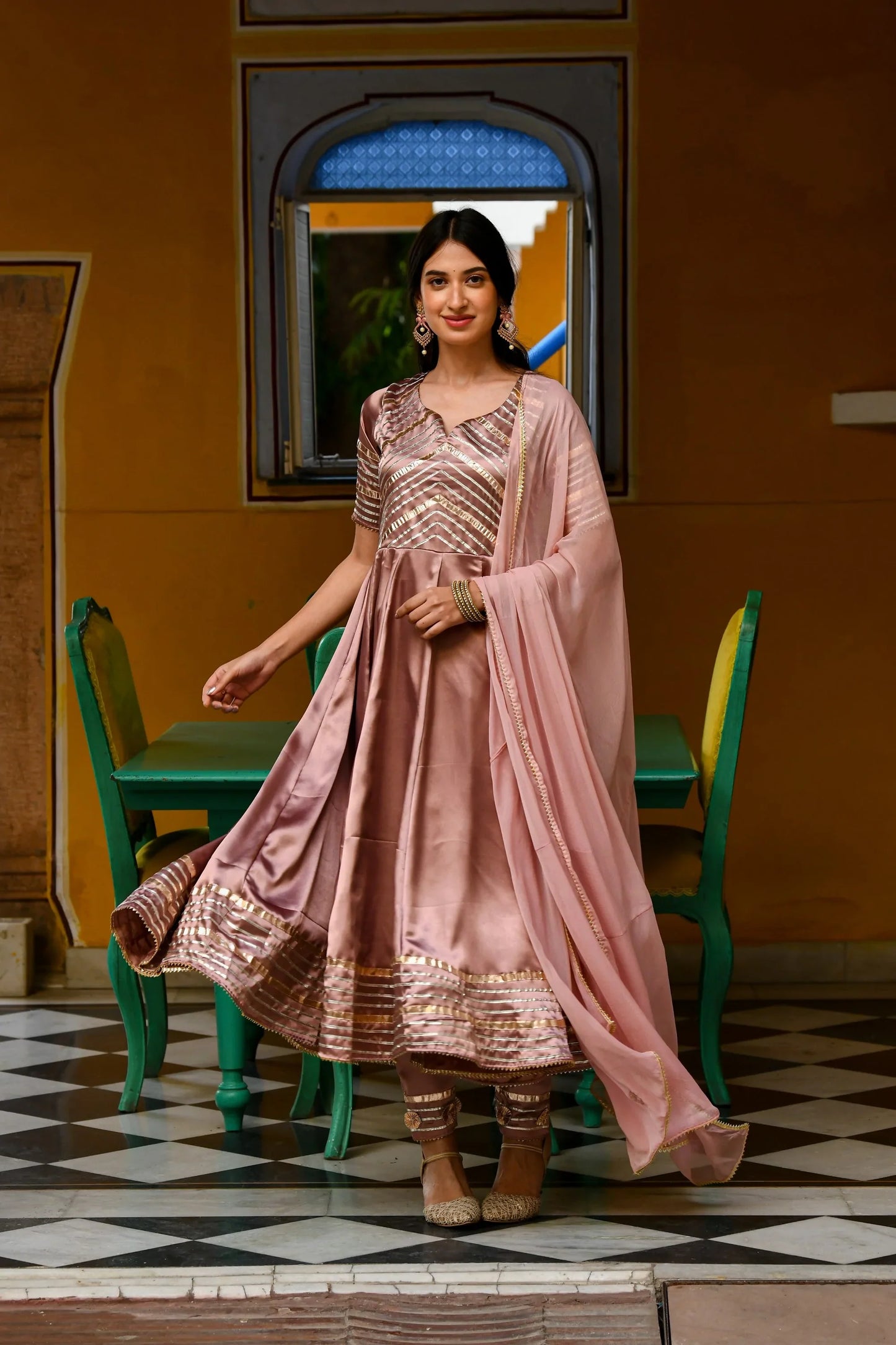 Women's Light Brown Satin Silk Anarkali Suit- 3Pc Set