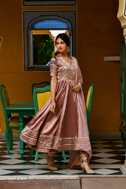 Women's Light Brown Satin Silk Anarkali Suit- 3Pc Set