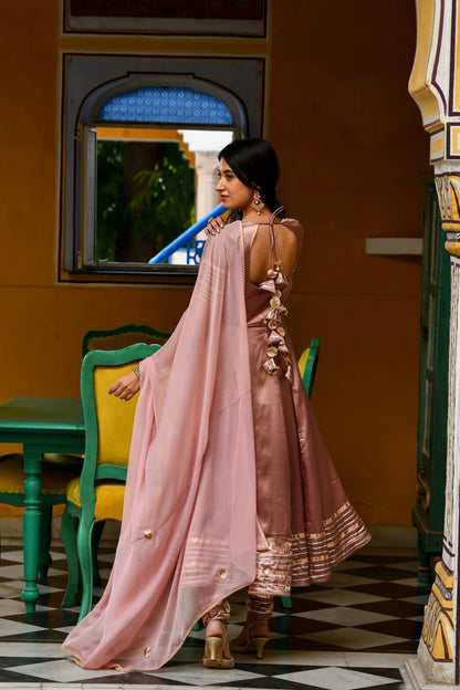 Women's Light Brown Satin Silk Anarkali Suit- 3Pc Set