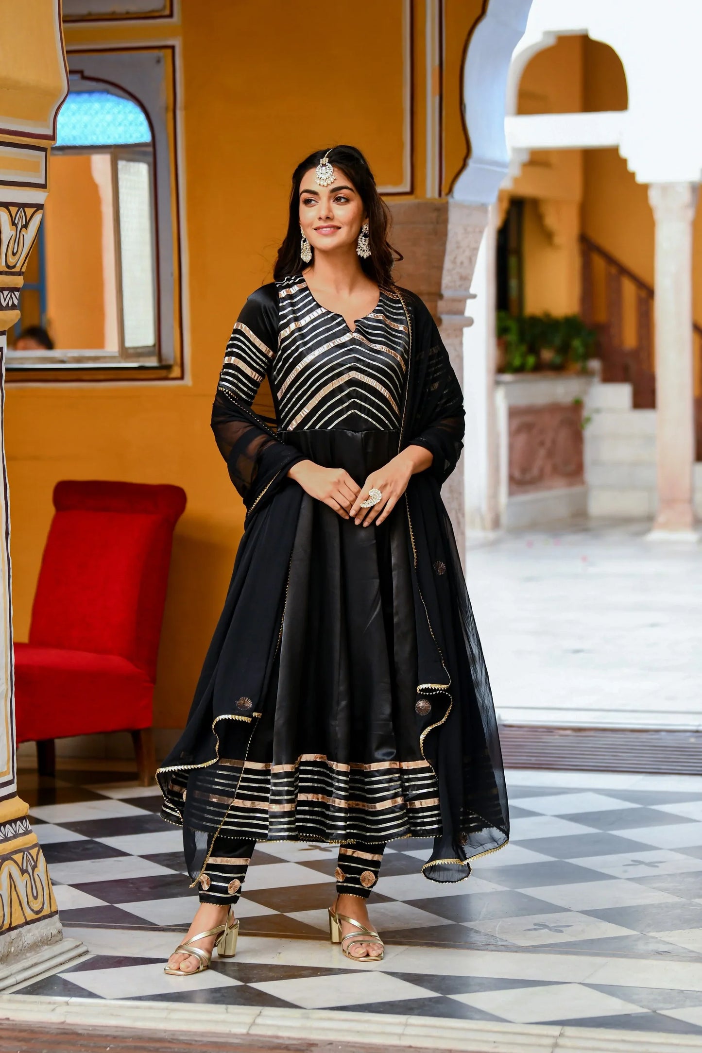 Women's Black Satin Silk Anarkali Kurta With Dupatta- 3Pc Set