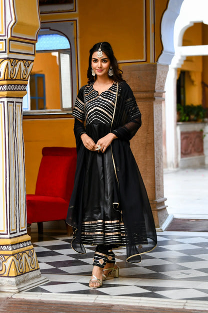 Women's Black Satin Silk Anarkali Kurta With Dupatta- 3Pc Set