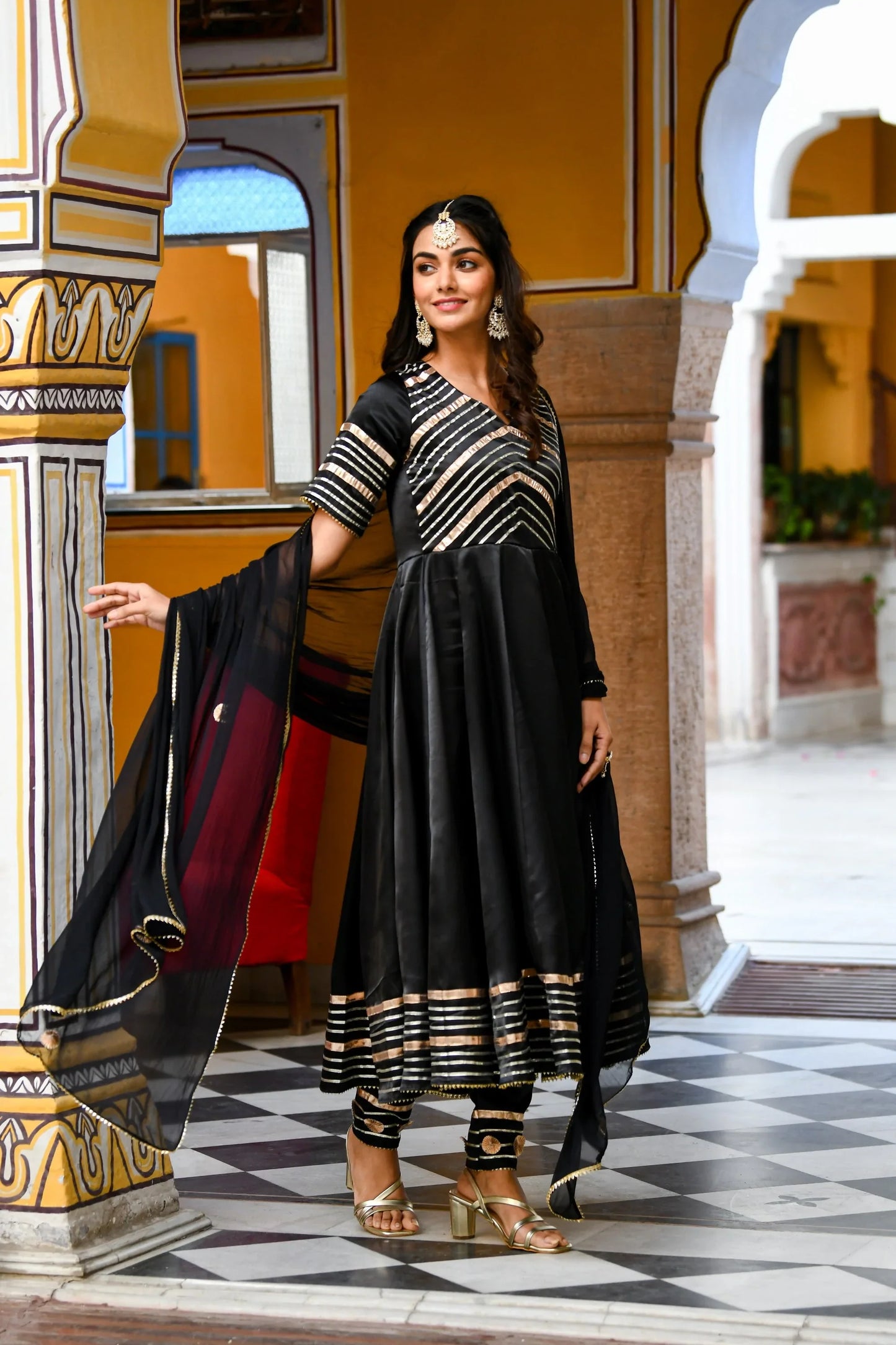 Women's Black Satin Silk Anarkali Kurta With Dupatta- 3Pc Set