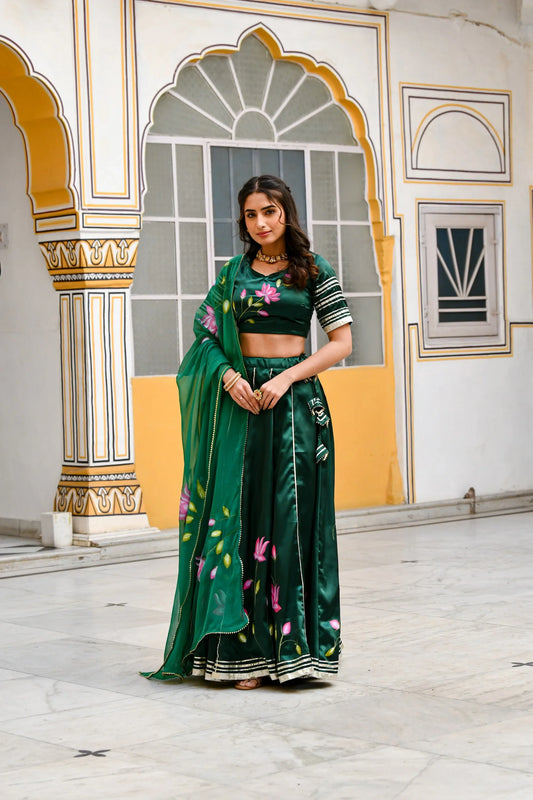 Women's Bottle Green Lehenga Choli- (3Pc Set)