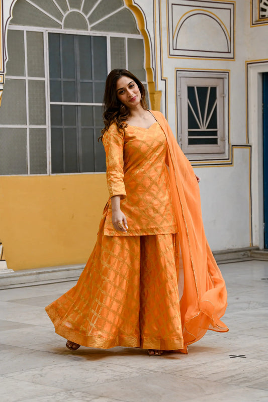 Women's Banarasi Yellow Sharara Set- (3Pc Set)