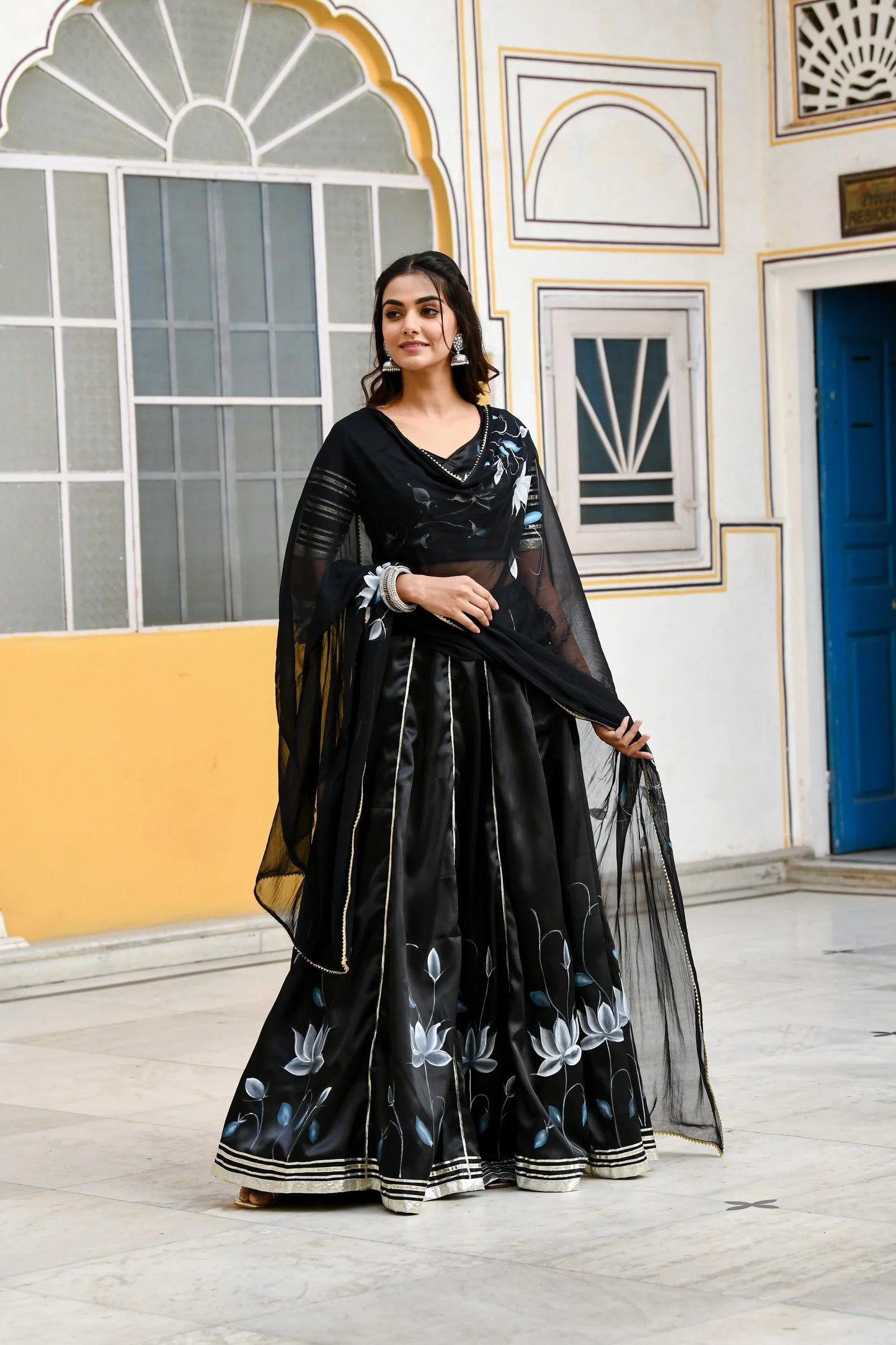 Women's Black Lehenga In Satin Silk- (3Pc Set)