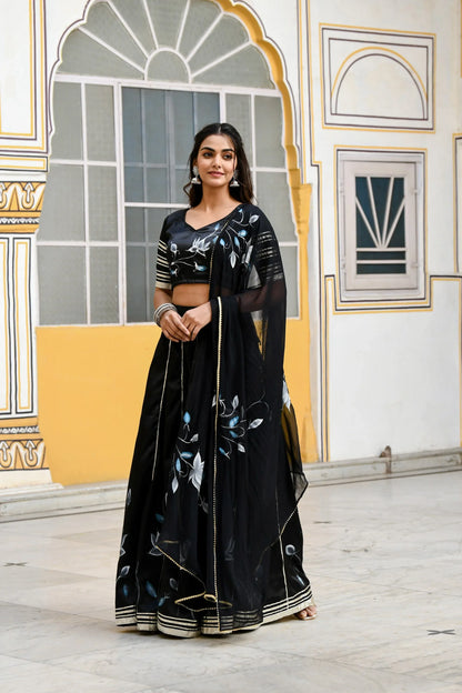 Women's Black Lehenga In Satin Silk- (3Pc Set)