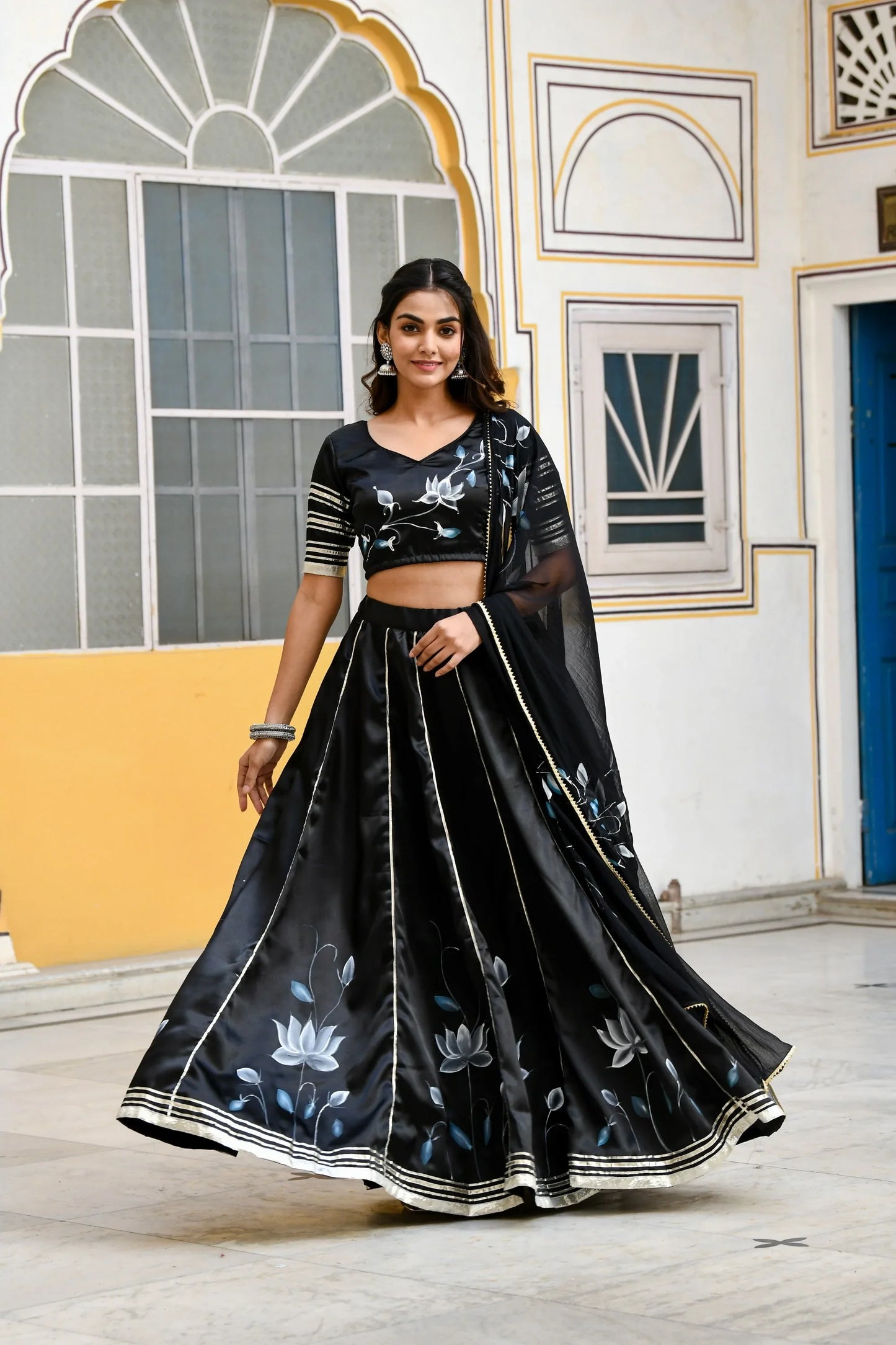 Women's Black Lehenga In Satin Silk- (3Pc Set)