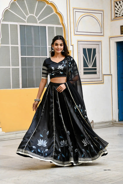 Women's Black Lehenga In Satin Silk- (3Pc Set)