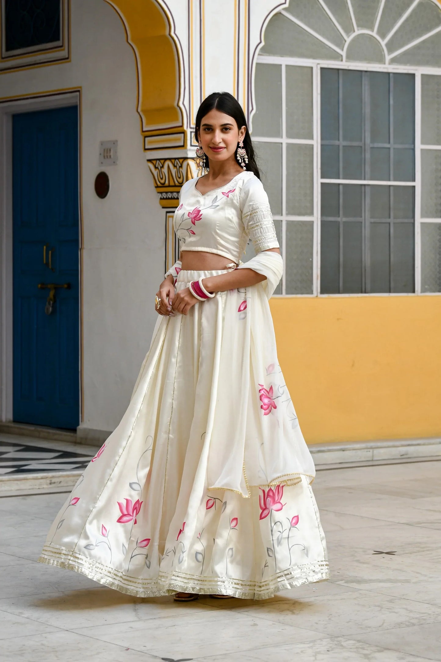 Women's Off-White Lehenga Choli In Satin Silk- (3Pc Set)