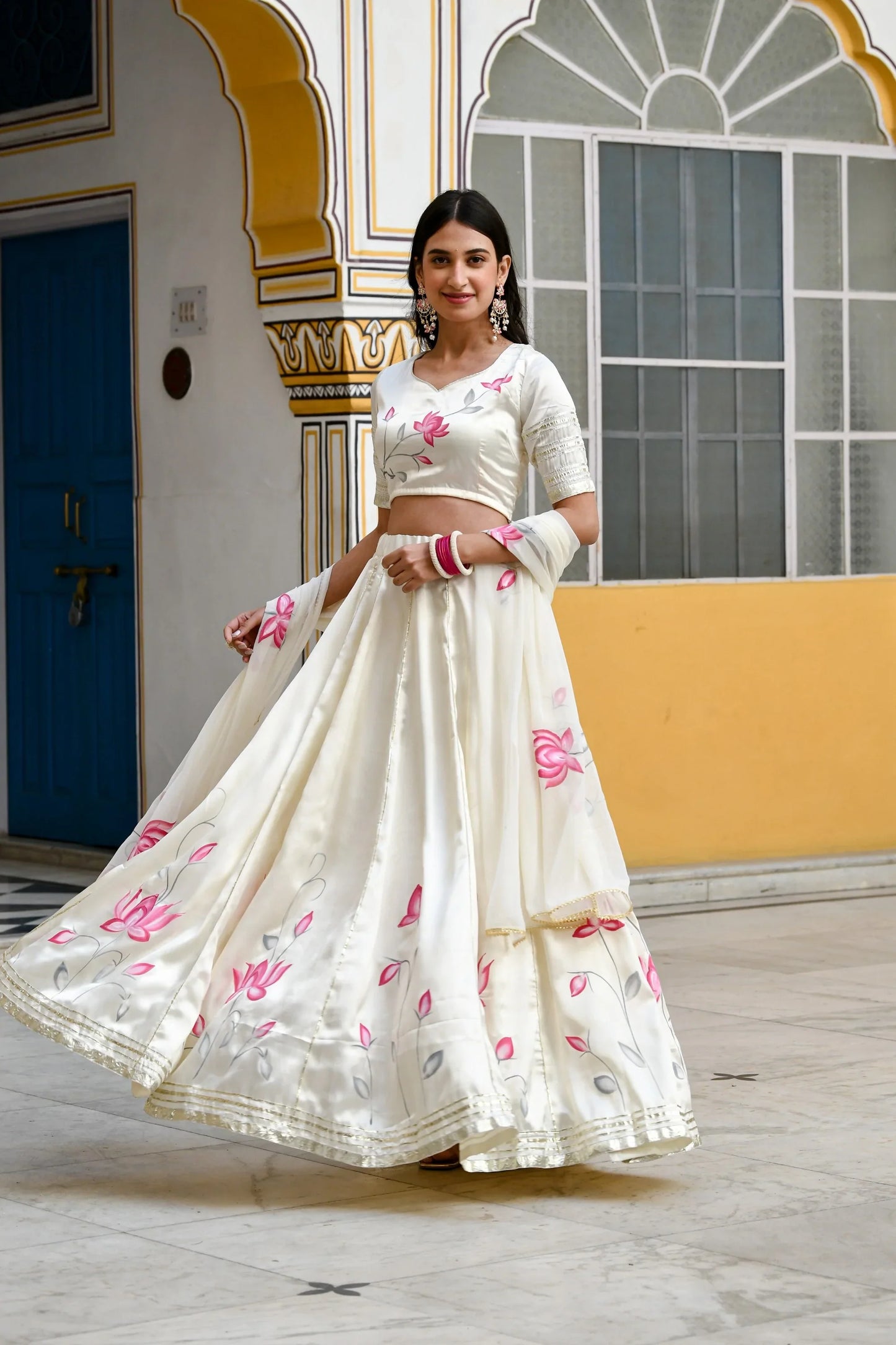 Women's Off-White Lehenga Choli In Satin Silk- (3Pc Set)