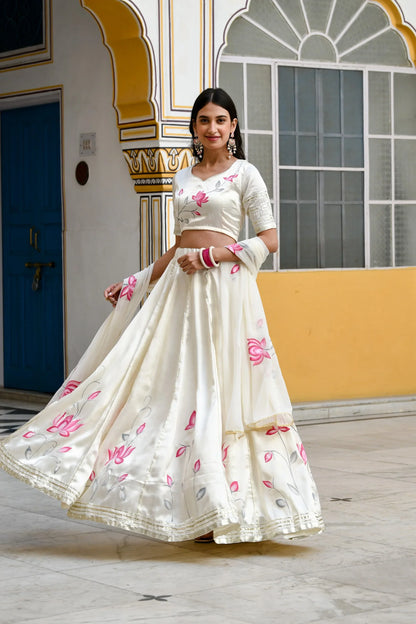 Women's Off-White Lehenga Choli In Satin Silk- (3Pc Set)