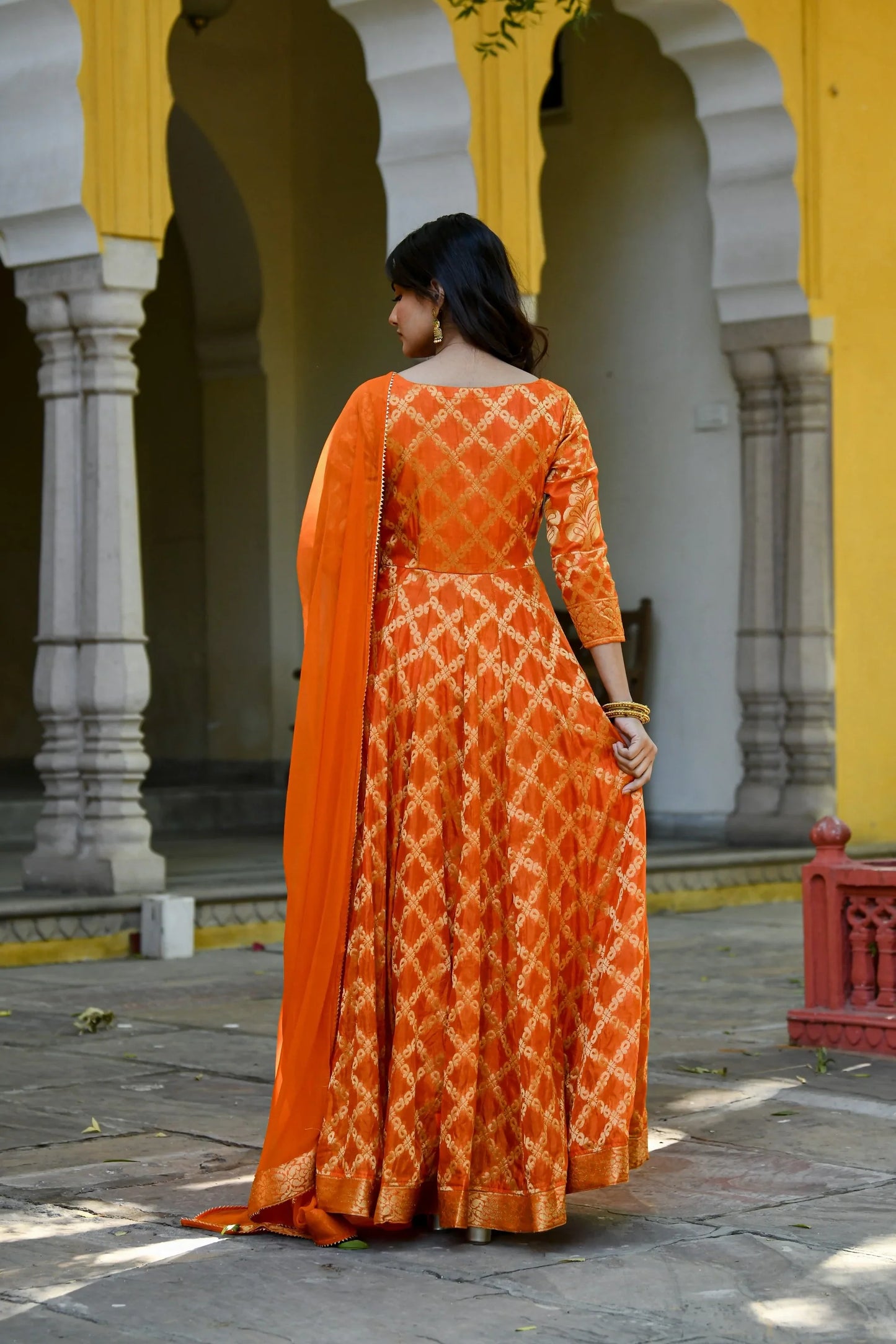 Women's Orange Silk Anarkali Gown With Dupatta- (2Pc Set)