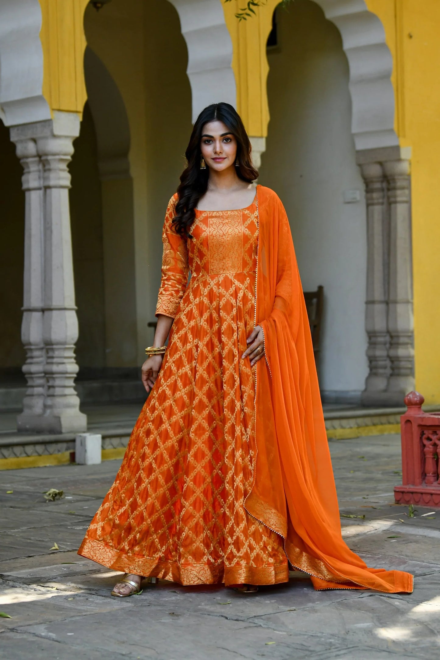 Women's Orange Silk Anarkali Gown With Dupatta- (2Pc Set)