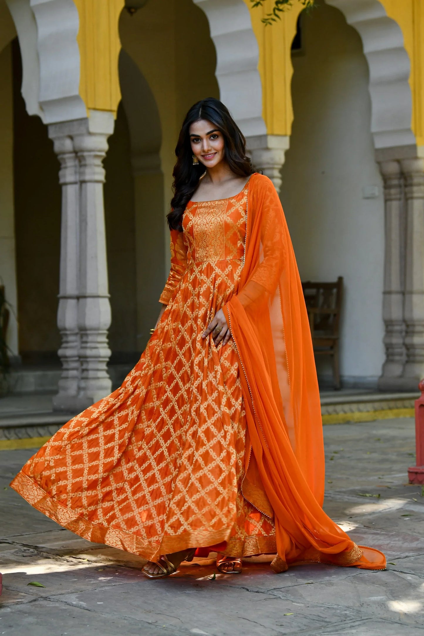 Women's Orange Silk Anarkali Gown With Dupatta- (2Pc Set)