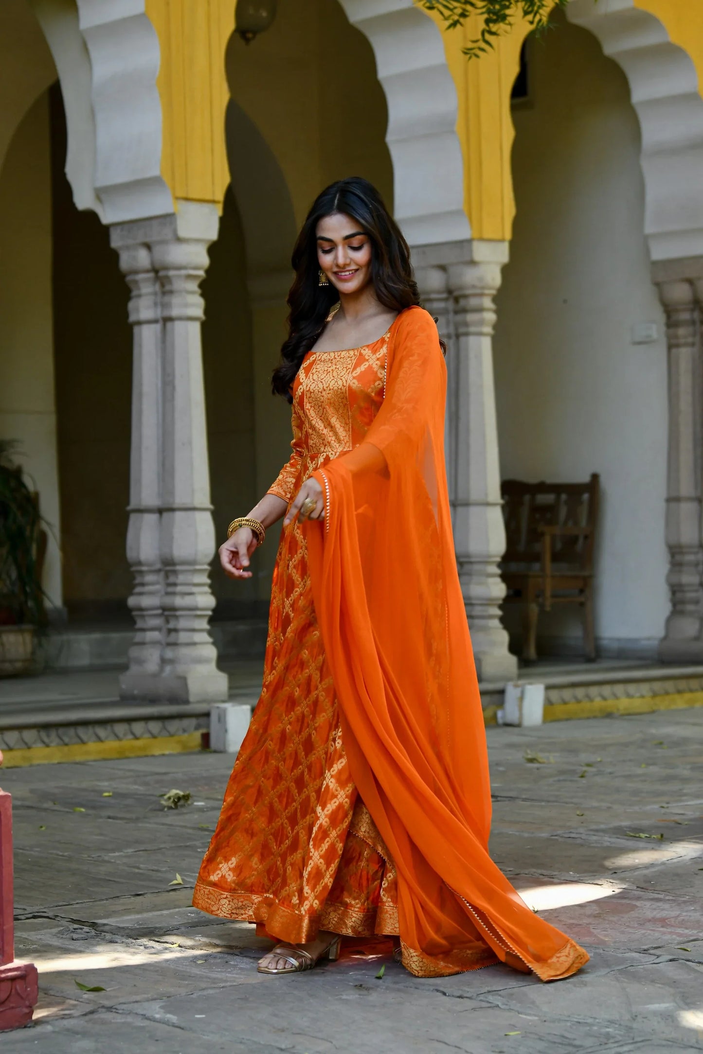 Women's Orange Silk Anarkali Gown With Dupatta- (2Pc Set)