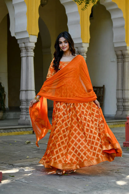 Women's Orange Silk Anarkali Gown With Dupatta- (2Pc Set)